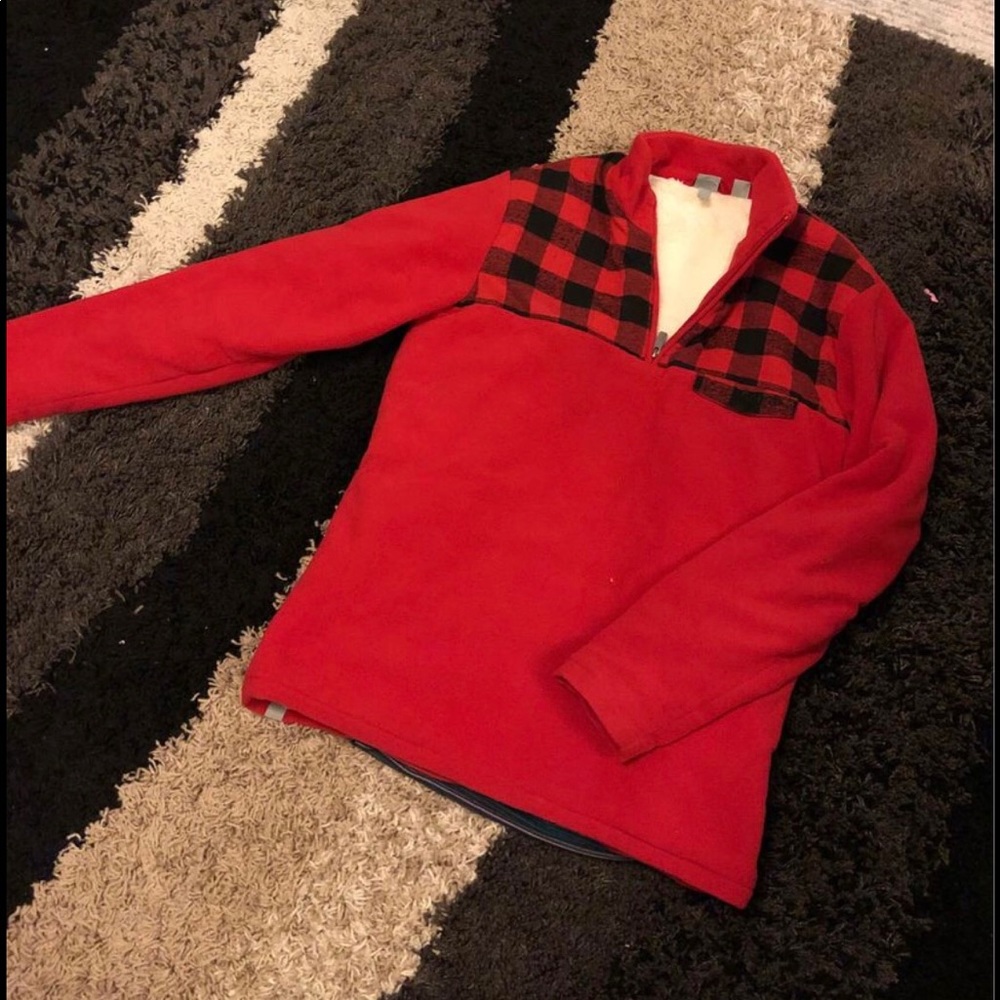 Bench fleece red plaid pullover quarter zip